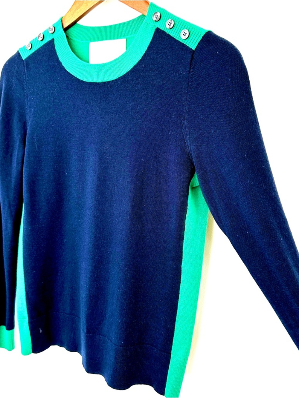 Banana Republic Navy & Green Sweater With Shoulder Buttons, Merino Wool